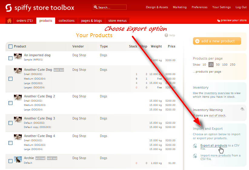 Export Products to CSV File